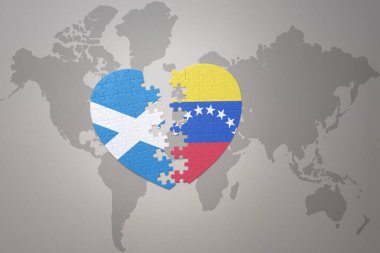 Venezuela ve İskoçya 'nın ulusal bayrağıyla bir dünya haritasında bulmaca kalbi. 3B illüstrasyon