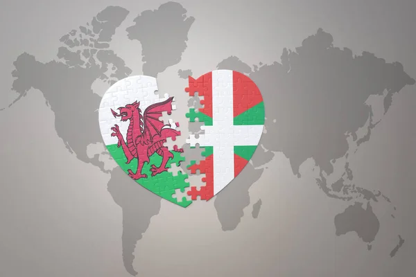 Puzzle Heart National Flag Basque Country Wales World Map Background — Stock Photo, Image