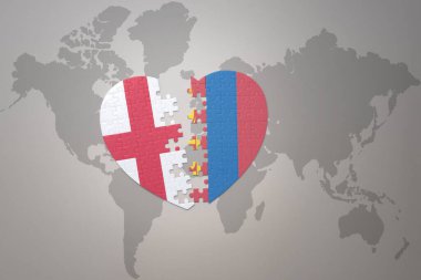Moğolistan ve İngiltere 'nin ulusal bayrağını bir dünya haritasında bulmacanın kalbi. 3B illüstrasyon