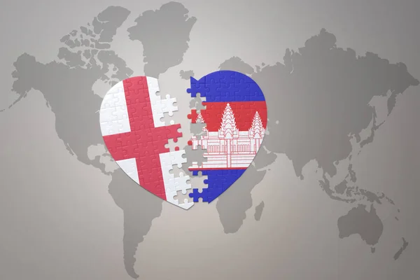 Puzzle Heart National Flag Cambodia England World Map Background Concept — Stock Photo, Image