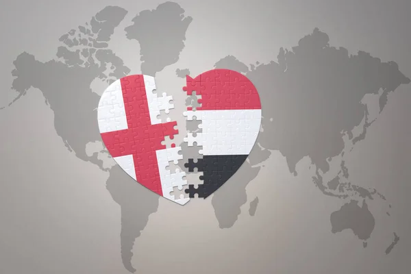 Puzzle Heart National Flag Yemen England World Map Background Concept — Stock Photo, Image