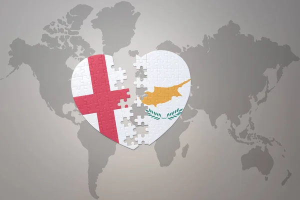 puzzle heart with the national flag of cyprus and england on a world map background.Concept. 3D illustration