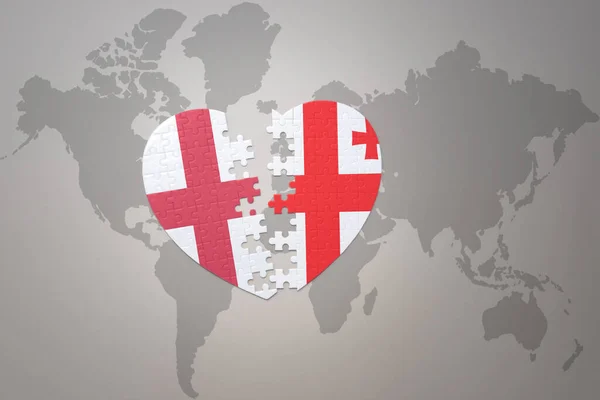 世界地図の背景にジョージアとイギリスの国旗が描かれたパズルハート 3Dイラスト — ストック写真