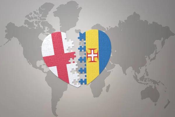 Puzzle Heart National Flag Madeira England World Map Background Concept — Stock Photo, Image