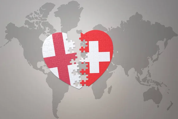 Corazón Del Rompecabezas Con Bandera Nacional Suiza Inglaterra Fondo Mapa —  Fotos de Stock