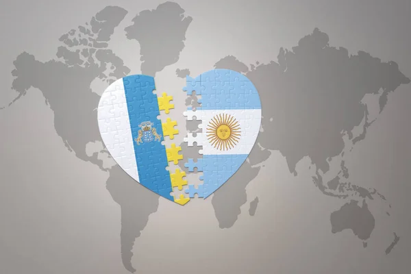 Puzzle Heart National Flag Argentina Canary Islands World Map Background — Stock Photo, Image