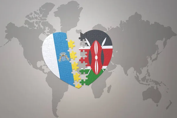 在世界地图的背景上与肯亚和金丝雀岛的国旗拼凑在一起 3D插图 — 图库照片
