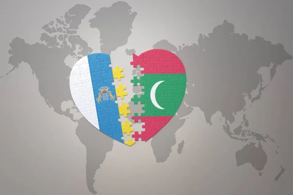 Puzzleherz Mit Der Nationalflagge Der Malediven Und Kanarischen Inseln Auf — Stockfoto
