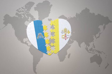 Bir dünya haritasında Vatikan 'ın ulusal bayrağı ve kanarya adalarının bulmaca kalbi. 3B illüstrasyon
