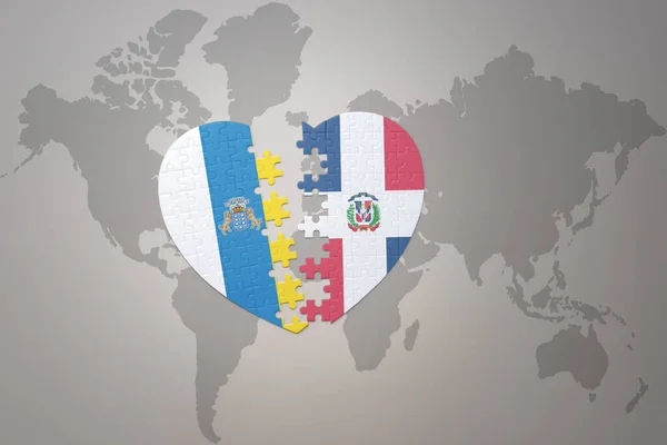 Puzzle Srdce Národní Vlajkou Dominikánské Republiky Kanárských Ostrovů Pozadí Světové — Stock fotografie