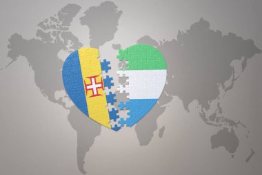 Dünya haritasının arka planında Sierra Leone ve Madeira 'nın ulusal bayrağı olan bir yapboz kalbi. Kavram. 3B illüstrasyon