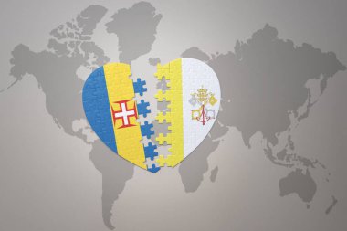 Vatikan 'ın ulusal bayrağı ve dünya haritasının arka planında bulunan Madeira' nın yapboz kalbi. Kavram. 3B illüstrasyon