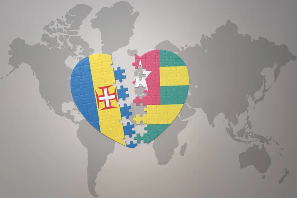 在世界地图的背景上 将国旗 Togo Madeira 拼凑在一起 3D插图 — 图库照片