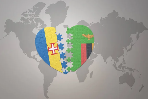 将坎比亚和马德拉国旗与世界地图背景拼凑在一起 3D插图 — 图库照片