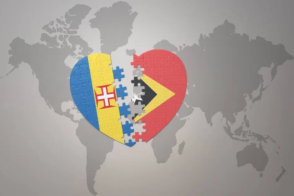 Puzzle Heart National Flag East Timor Madeira World Map Background — Stock Photo, Image