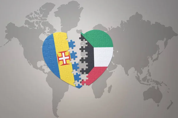 在世界地图的背景上 用Kuwait和Madeira的国旗拼凑心形图案 3D插图 — 图库照片