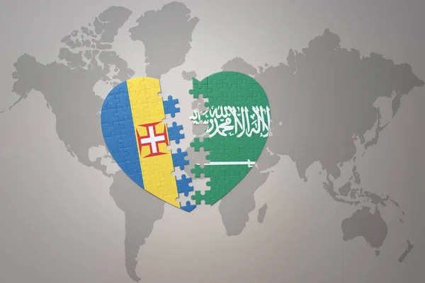 Серце Головоломка Національним Прапором Саудівської Аравії Мадейри Фоні Карти Світу — стокове фото