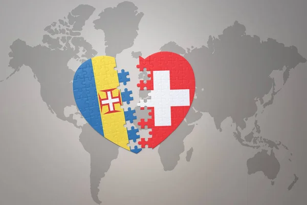 Coeur Puzzle Avec Drapeau National Suisse Madère Sur Fond Carte — Photo