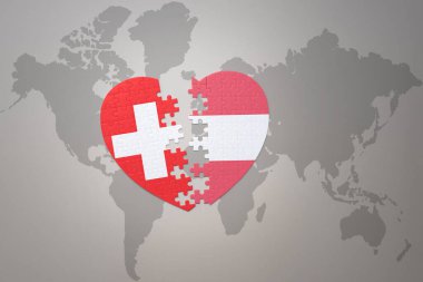 Avusturalya ulusal bayrağını taşıyan bir bulmaca kalbi ve bir dünya haritasında yer alan İsviçre. 3B illüstrasyon