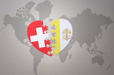 Vatikan 'ın ulusal bayrağıyla ilgili bir bulmaca kalbi ve bir dünya haritasına geçiş. 3B illüstrasyon