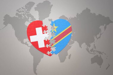 Demokratik Kongo Cumhuriyeti 'nin ulusal bayrağıyla ilgili bir bulmaca kalbi ve bir dünya haritası üzerinde geçiş. 3B illüstrasyon