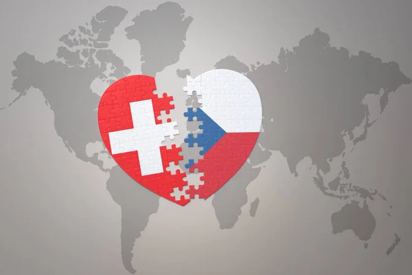 Serce Puzzle Flagą Narodową Republiki Czeskiej Szwajcarii Tle Mapy Świata — Zdjęcie stockowe