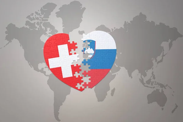 Serce Puzzle Flagą Narodową Slocku Szwajcarii Tle Mapy Świata Concept — Zdjęcie stockowe