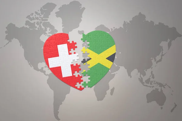 Serce Puzzle Flagą Narodową Jamajki Szwajcarii Tle Mapy Świata Concept — Zdjęcie stockowe
