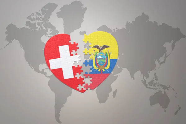 puzzle heart with the national flag of ecuador and switzerland on a world map background.Concept. 3D illustration