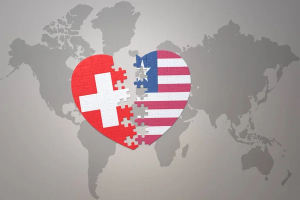 Corazón Del Rompecabezas Con Bandera Nacional Liberia Suiza Fondo Mapa —  Fotos de Stock