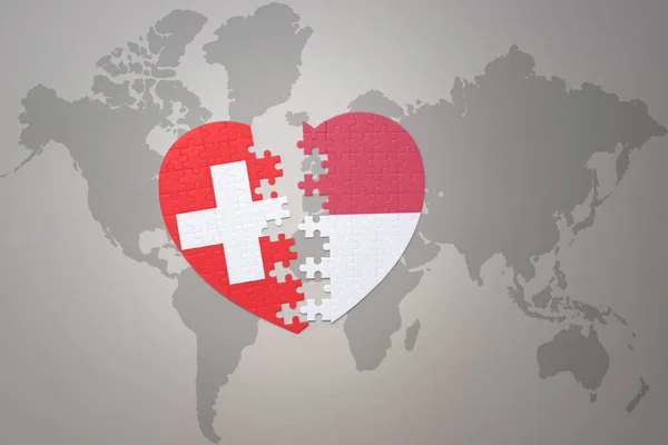 Puzzle Szív Nemzeti Zászló Indonézia Svájcban Egy Világtérkép Hátterén Koncepció — Stock Fotó