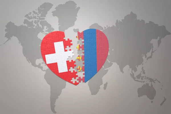 Coeur Puzzle Avec Drapeau National Mongolie Suisse Sur Fond Carte — Photo