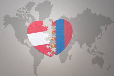Dünya haritasında Moğolistan ve Avusturya 'nın ulusal bayrağıyla ilgili bir bulmaca kalbi. 3B illüstrasyon
