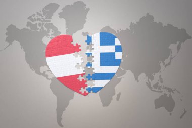 Yunan ve Avusturalya 'nın ulusal bayrağına sahip bir yapboz kalbi dünya haritasında. 3B illüstrasyon