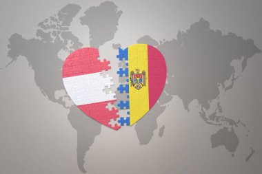 Moldova 'nın ulusal bayrağı ve Avusturalya' nın yapboz kalbi dünya haritasının arka planında. 3B illüstrasyon