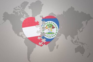 Dünya haritasında Belize ve Avusturya 'nın ulusal bayrağını taşıyan bir bulmaca kalbi. 3B illüstrasyon