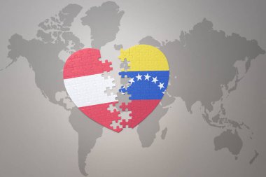 Venezuela ve Avusturya 'nın ulusal bayrağını içeren bir yapboz kalbi dünya haritasında. 3B illüstrasyon