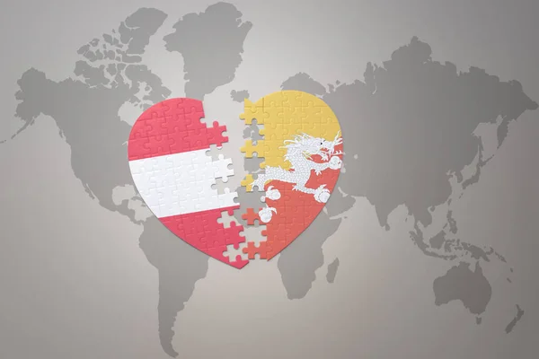 Puzzle Srdce Národní Vlajkou Bhútánu Rakouska Pozadí Mapy Světa Koncepce — Stock fotografie