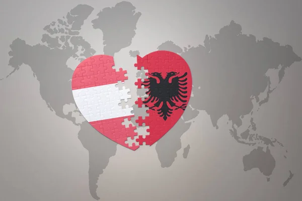 Puzzle Cuore Con Bandiera Nazionale Albania Austria Sfondo Mappamondo Illustrazione — Foto Stock