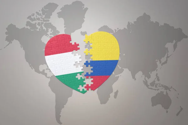 Coração Quebra Cabeça Com Bandeira Nacional Colômbia Hungary Fundo Mapa — Fotografia de Stock