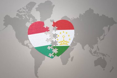 Tacikistan ve Hungary 'nin ulusal bayrağıyla bir dünya haritasında bulmaca kalbi. 3B illüstrasyon