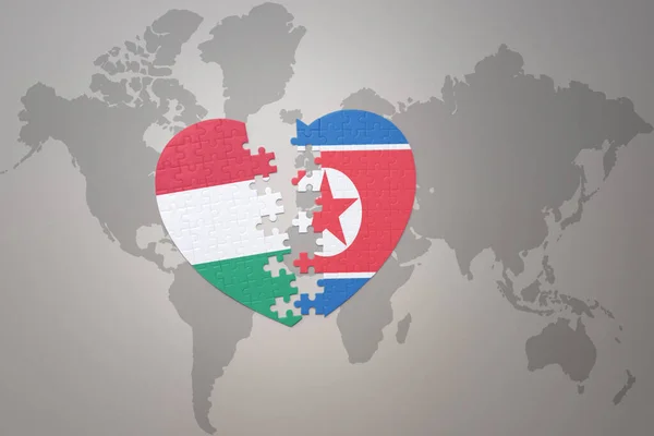 Puzzle Heart National Flag North Korea Hungary World Map Background — Stock Photo, Image