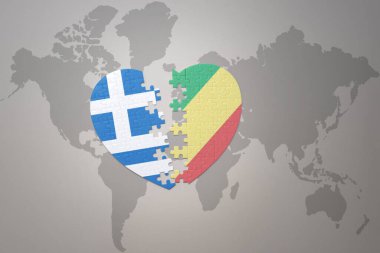 Kongo ve Yunanistan 'ın ulusal bayrağıyla ilgili bir bulmaca kalbi dünya haritasında. 3B illüstrasyon