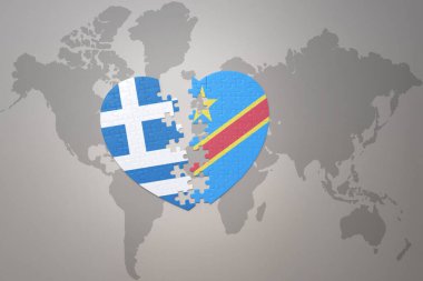 Demokratik Kongo Cumhuriyeti ve Yunanistan 'ın ulusal bayrağıyla bir dünya haritasında bulmaca kalbi. Konsept. 3B illüstrasyon