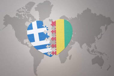 Bir dünya haritasında Gine ve Yunan ulusal bayrağının bulmaca kalbi. Konsept. 3B illüstrasyon