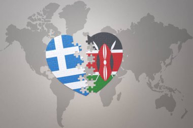 Kenya ve Yunanistan 'ın ulusal bayrağıyla ilgili bir bulmaca kalbi dünya haritasında. 3B illüstrasyon