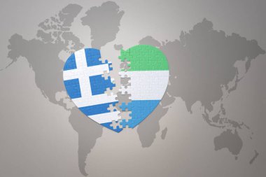 Dünya haritasında Sierra Leone ve Yunanistan 'ın ulusal bayrağının bulmaca kalbi. 3B illüstrasyon