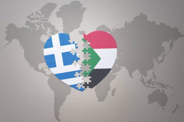 Bir dünya haritasında Sudan ve Yunanistan 'ın ulusal bayrağıyla bulmaca kalbi. 3B illüstrasyon