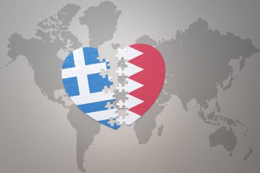 Bahreyn ve Yunanistan 'ın ulusal bayrağıyla ilgili bir bulmaca kalbi dünya haritasında. 3B illüstrasyon