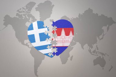 Kamboçya 'nın ulusal bayrağı ve Yunanistan' ın bir dünya haritasında bulmaca kalbi. 3B illüstrasyon